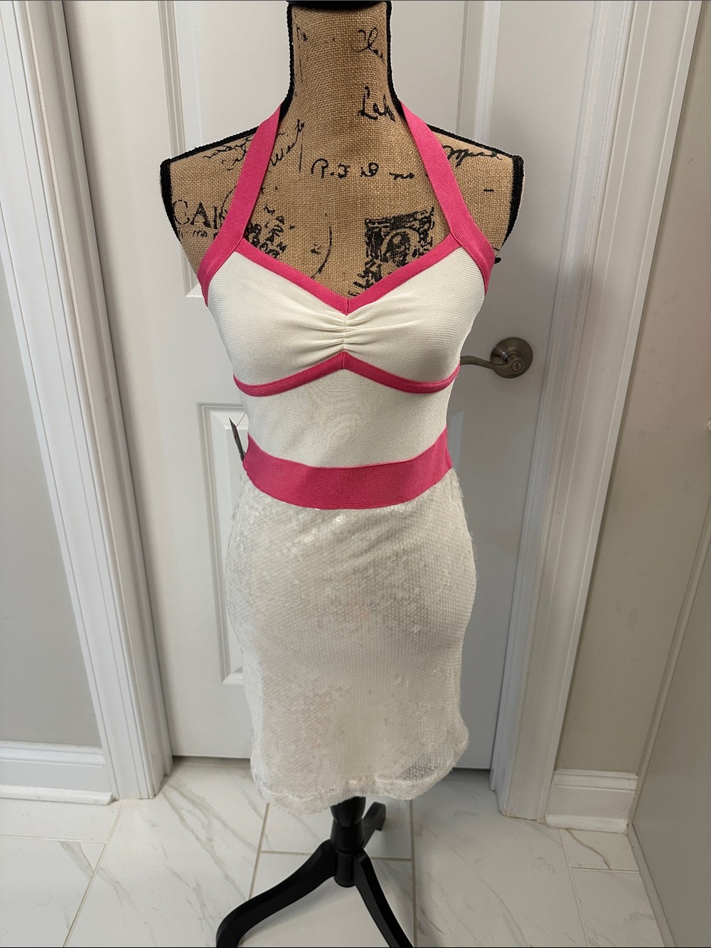 bebe White Halter Sequin Dress with Pink Trim